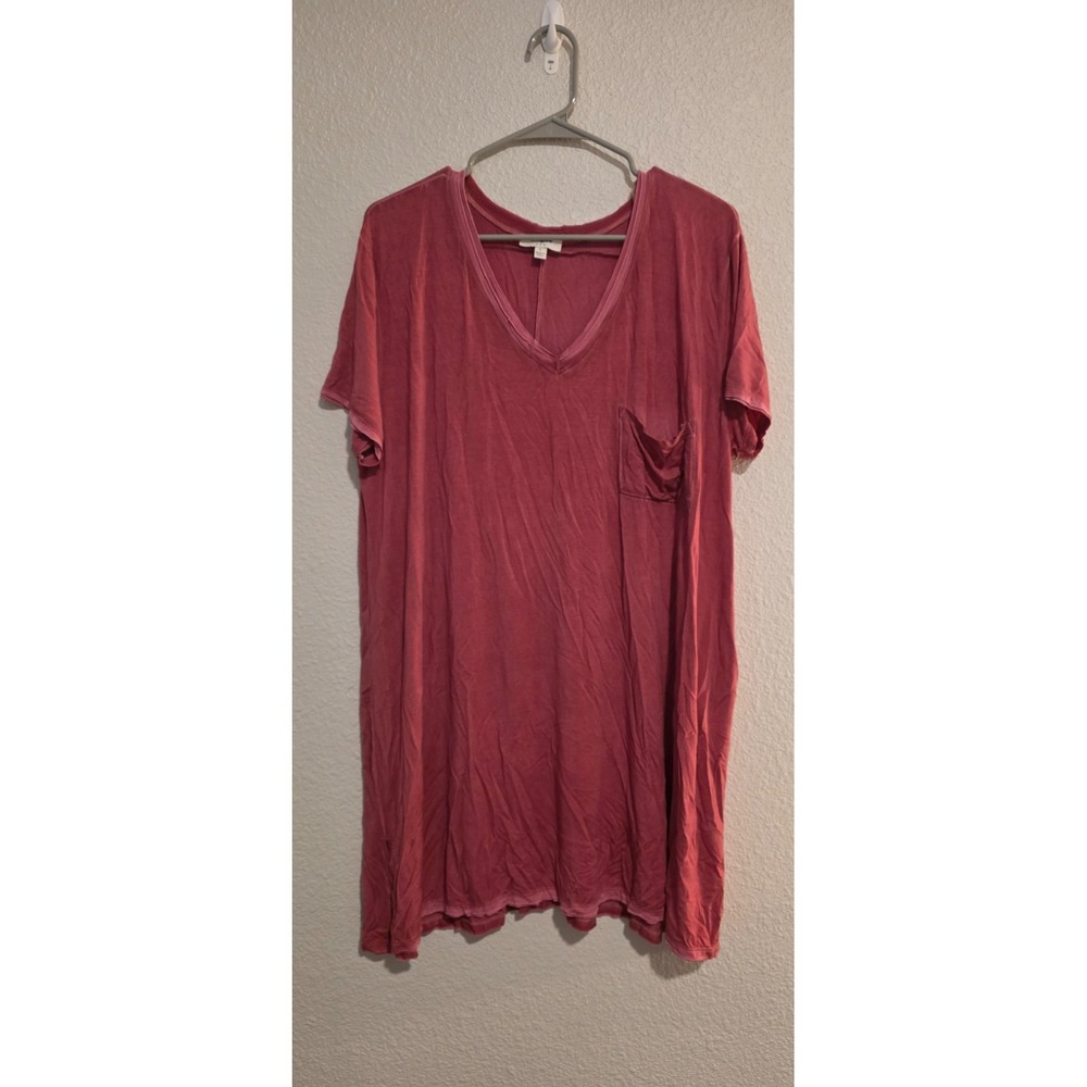 Umgee USA T-Shirt Dress Women's Large Dusty Rose V Neck Pocket Rayon Blend Cozy